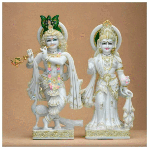 Marble Radha Krishna Statue with Brass Inlay