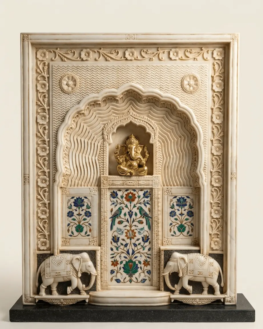 Intricate Jali and Inlay Work on Marble Temple